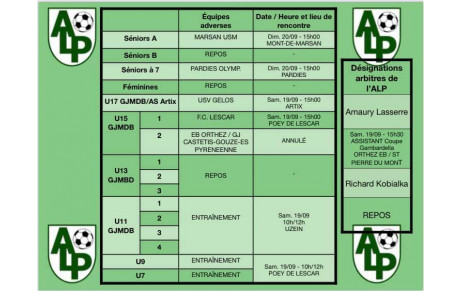 Le planning du 19 et 20 septembre