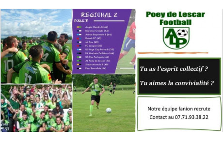 Le club de Poey De Lescar Football souhaite renforcer son groupe Séniors pour un nouveau projet !