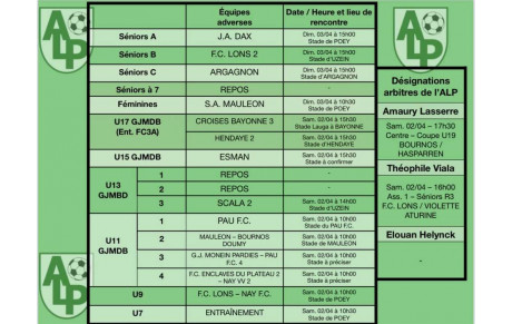 Le planning du 2 et 3 avril :